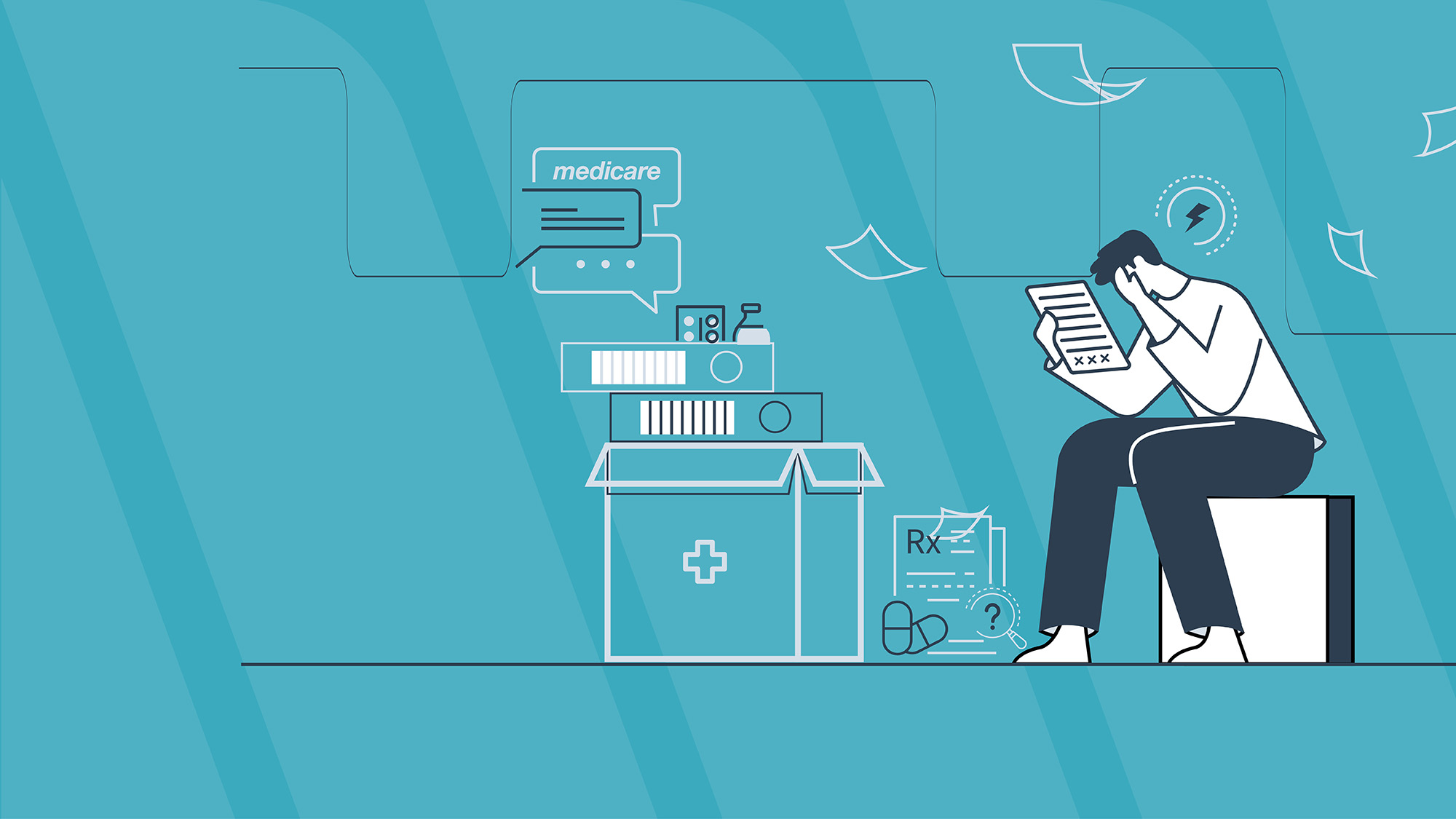 illustration of a person sitting with head in their hands holding a document with crosses. Around him are icons representing aspects of being a doctor